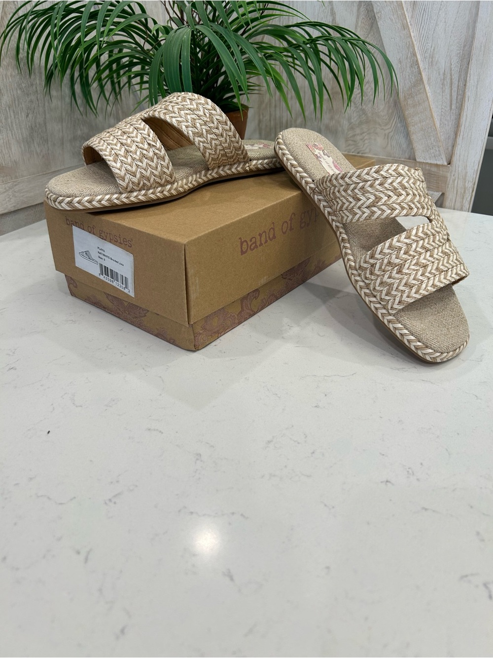 Band of Gypsies Natural Beige Braided Double-Strap Slide Sandals